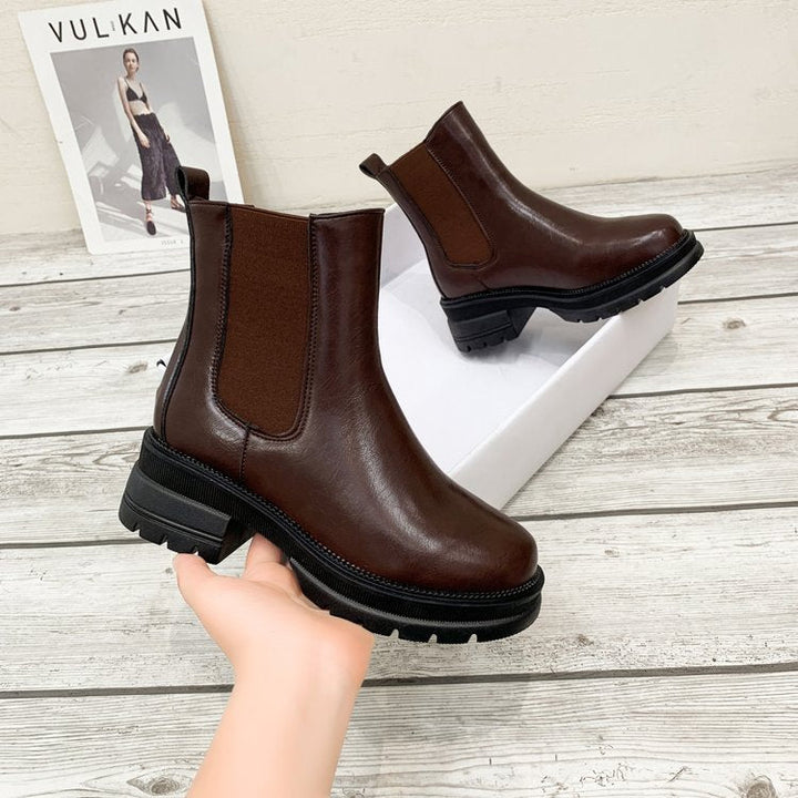 Braune Chelsea Boots Damen, Leder, rutschfeste Sohle, modisch, robust, Herbst-Winter Schuhe.