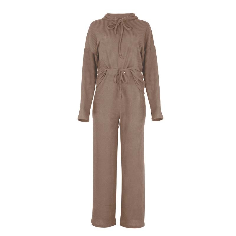 Brauner Strick-Jumpsuit mit langen Ärmeln und Kordelzug, Damenmode, bequem und stilvoll.