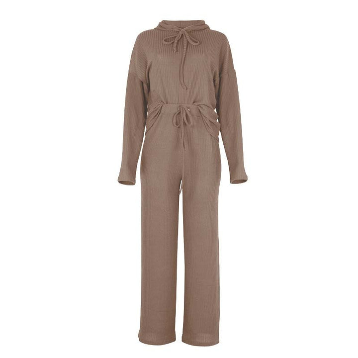 Brauner Strick-Jumpsuit mit langen Ärmeln und Kordelzug, Damenmode, bequem und stilvoll.