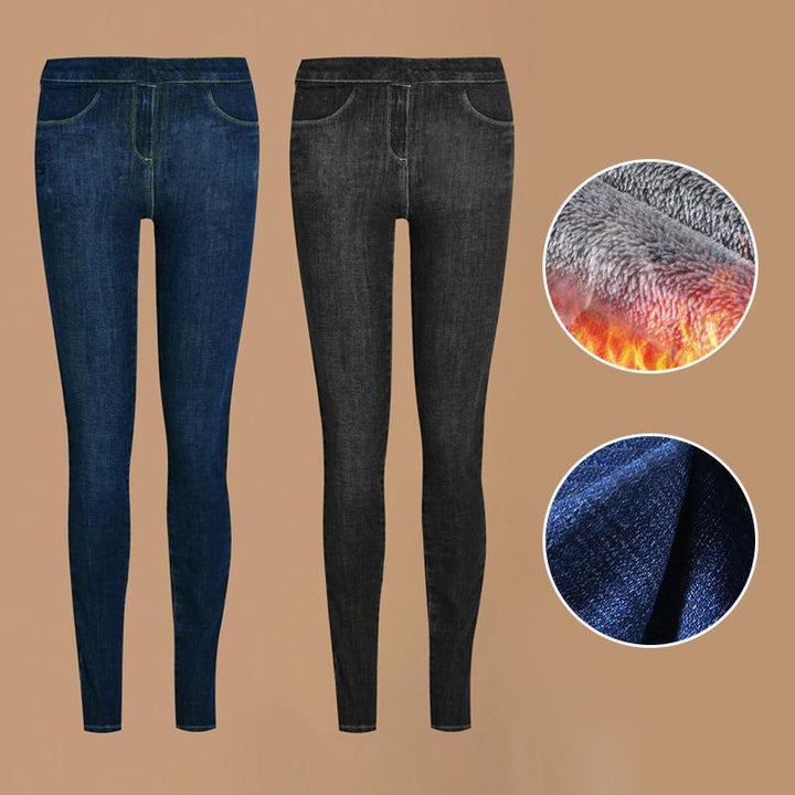 Zwei Damen Thermo-Leggings, blau und schwarz, mit Fleece-Innenfutter, warm, bequem.