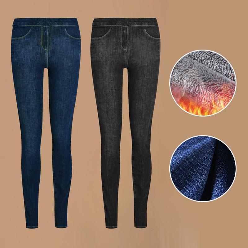 Zwei Damen Thermo-Leggings, blau und schwarz, mit Fleece-Innenfutter, warm, bequem.