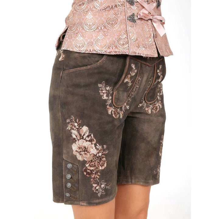 Damen Trachtenlederhose braun mit Blumenmuster, traditionell, Knöpfe, Trachtenmode, Oktoberfest.