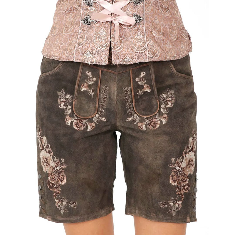 Damen Trachtenlederhose braun mit Blumenstickerei, traditionell, Oktoberfestmode, Kniebundhose.