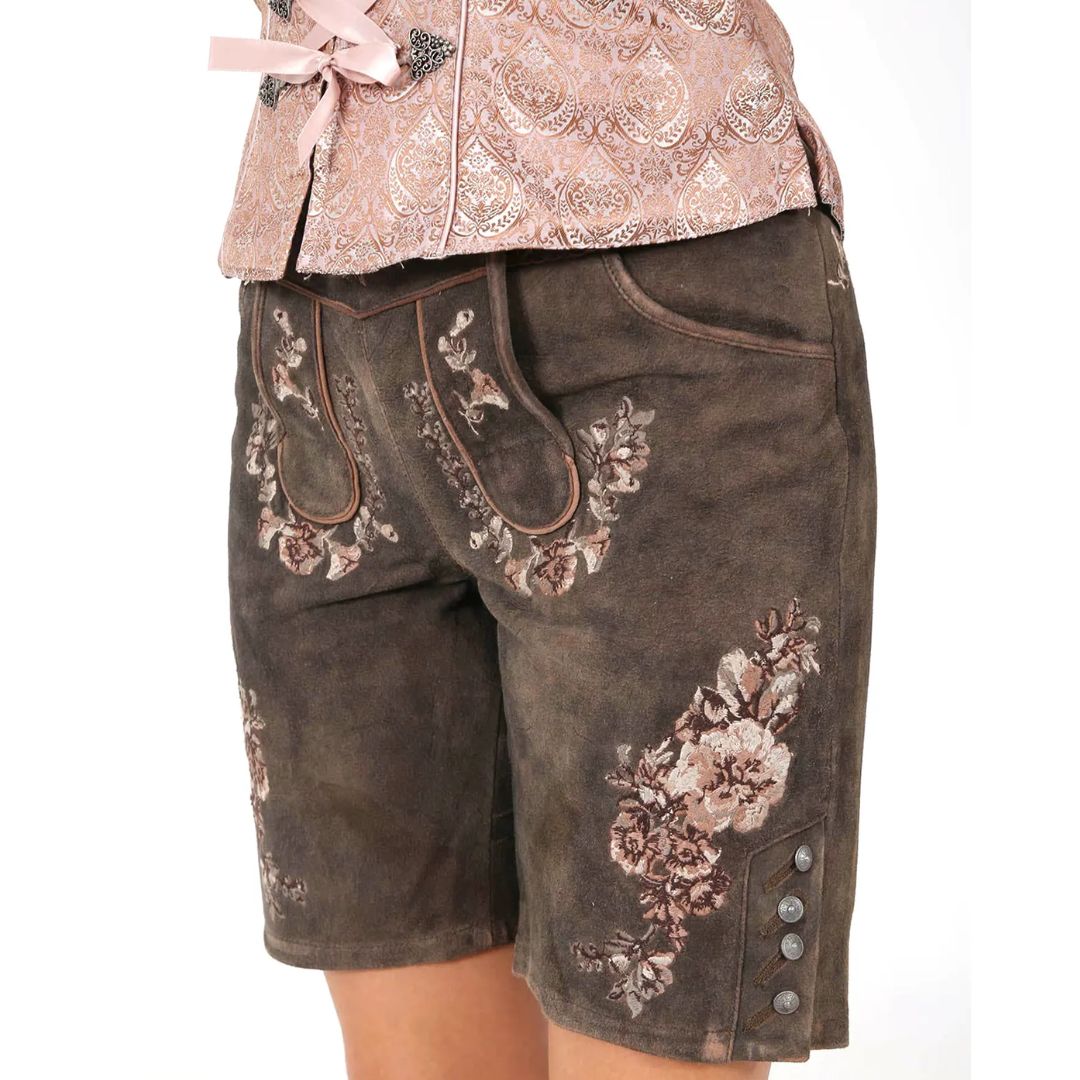 Damen Trachtenlederhose braun, florales Muster, Knöpfe, traditionell, Oktoberfest Mode.