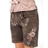 Damen Trachtenlederhose braun, florales Muster, Knöpfe, traditionell, Oktoberfest Mode.