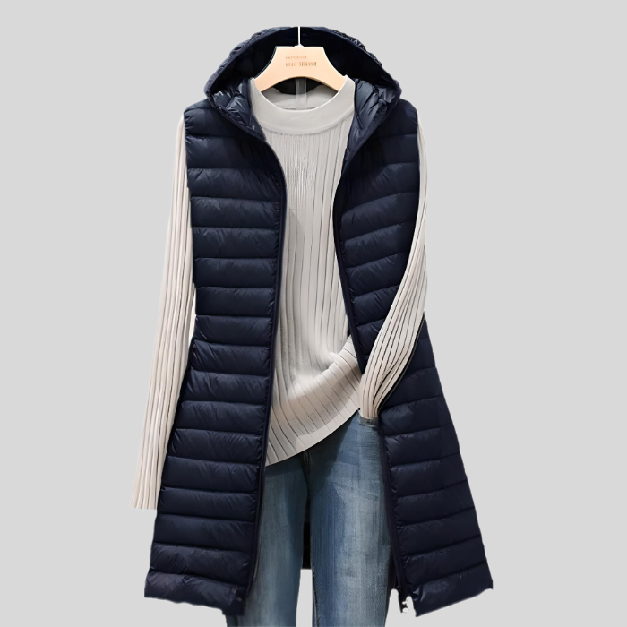 Damen Steppweste mit Kapuze, dunkelblau, ärmellos, modisch, Herbstmode, Fiona Fashion.