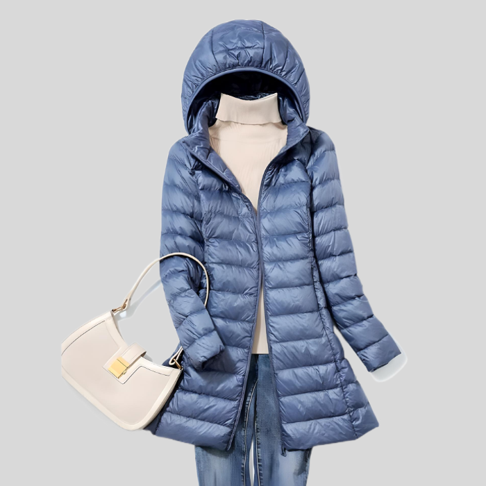 Damen Winterjacke Blau mit Kapuze, Steppdesign, modisch, warm, ideal für kalte Tage.