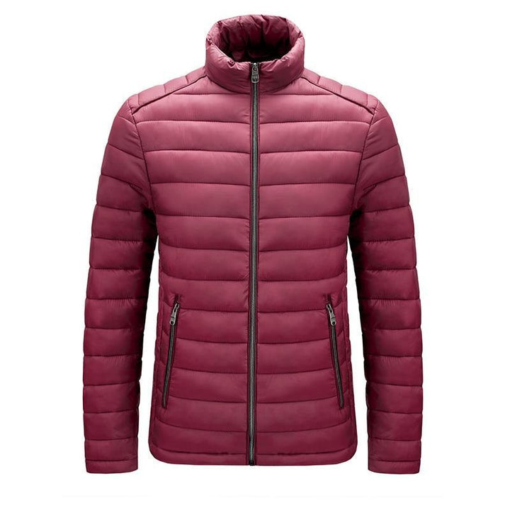 Bordeauxfarbene Steppjacke für Herren, Reißverschluss, warm, modisch, Winterbekleidung.