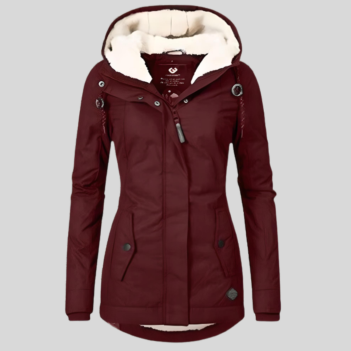 Damen Winterjacke burgunderrot mit Kapuze, warm gefüttert, modisch, wasserabweisend.