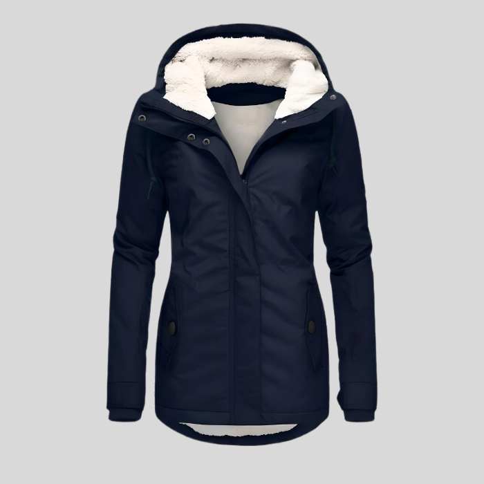 Dunkelblaue Damenjacke mit Kapuze, Fleece-Futter, Wintermode, warm und stilvoll.