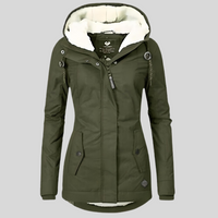 Damen Winterjacke olivgrün mit Kapuze, warm gefüttert, modisch, wetterfest, Outdoor-Bekleidung.