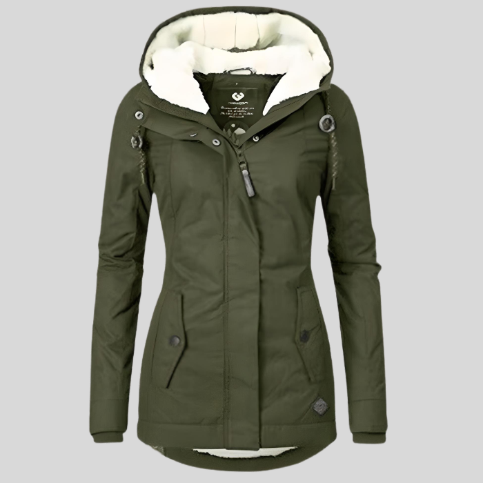 Damen Winterjacke olivgrün mit Kapuze, warm gefüttert, modisch, wetterfest, Outdoor-Bekleidung.