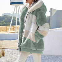 Damen Winterjacke, grün-weiß, Kunstpelz, Kapuze, warm, modisch, Outdoor-Bekleidung.