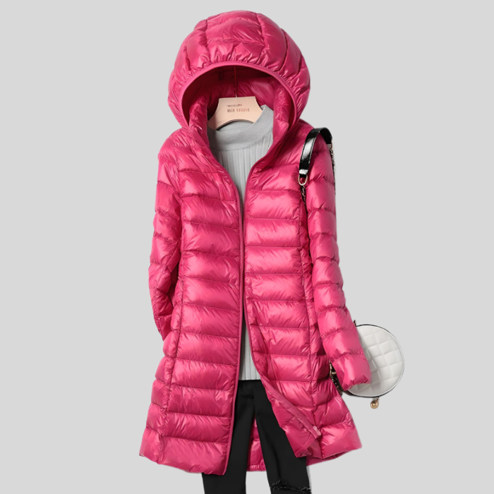 Damen Winterjacke pink, Daunenmantel mit Kapuze, modisch, warm, für kalte Tage.