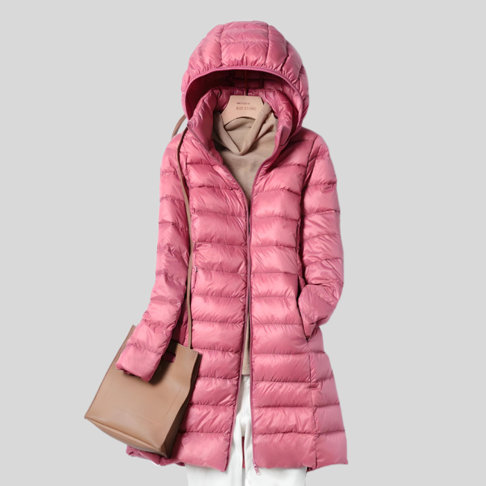 Damen Winterjacke rosa, Daunenmantel mit Kapuze, modisch, warm, elegant, für kalte Tage.