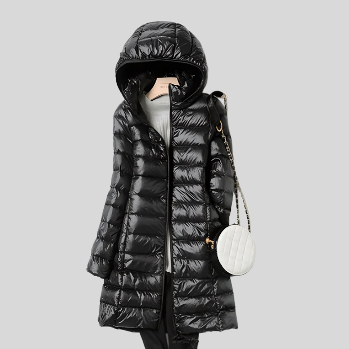 Schwarzer Damen-Daunenmantel mit Kapuze, glänzend, modisch, warm, Winterjacke.