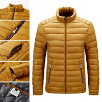 Herren Steppjacke, senfgelb, Reißverschluss, Stehkragen, warm, modisch, Winterjacke.
