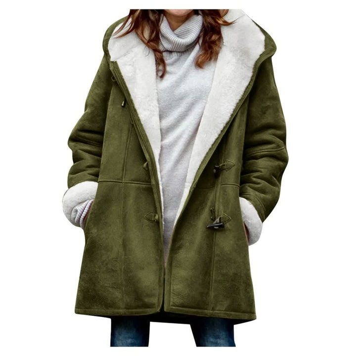 Damen Wintermantel, olivgrün, mit Kapuze, Fleece-Futter, modisch, warm, elegant.