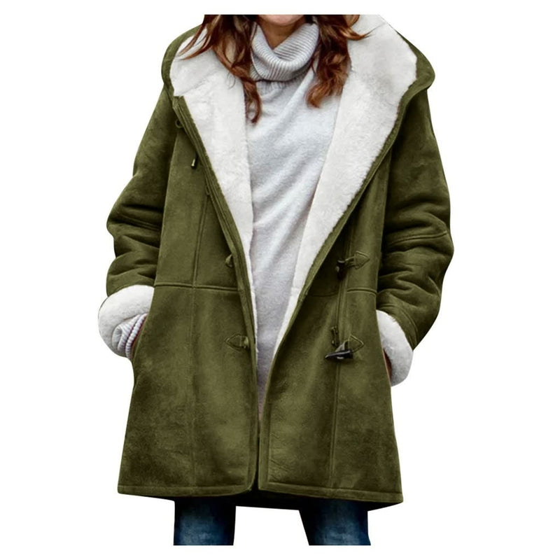 Damen Wintermantel, olivgrün, mit Kapuze, Fleece-Futter, modisch, warm, elegant.