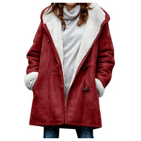 Damen Wintermantel rot, Lammfellfutter, Kapuze, warm, modisch, elegant, Winterbekleidung.