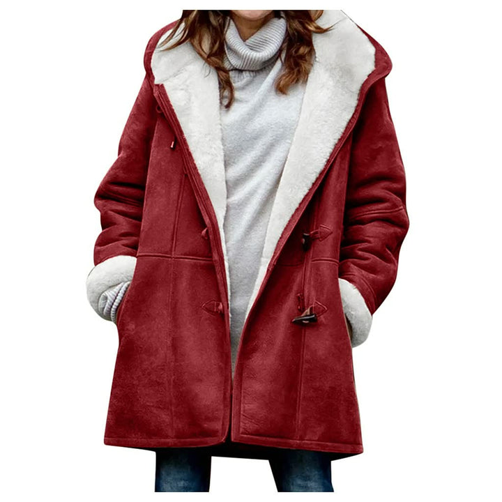 Damen Wintermantel rot, Lammfellfutter, Kapuze, warm, modisch, elegant, Winterbekleidung.