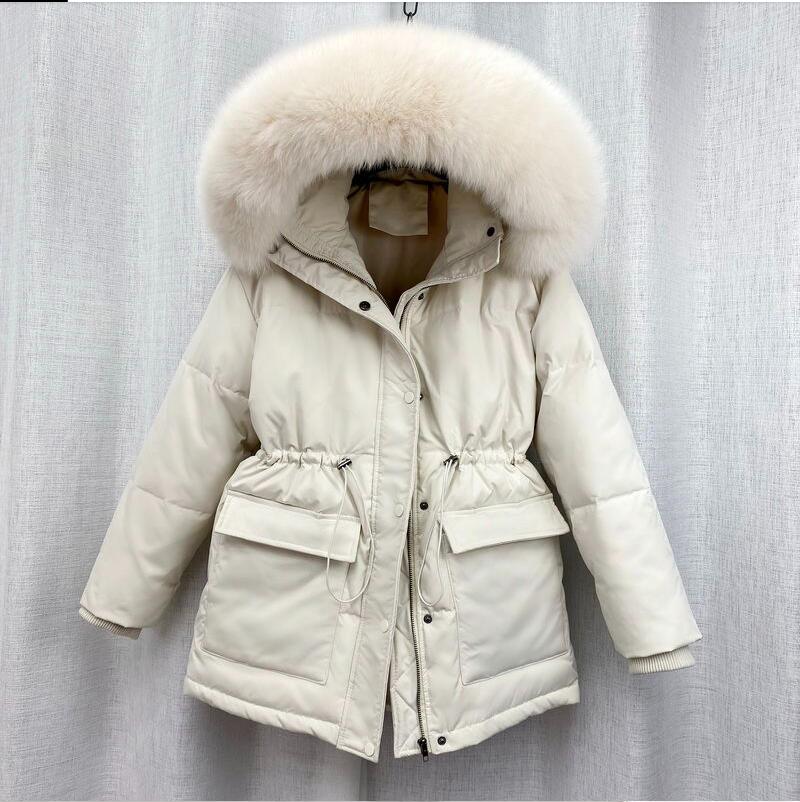 Damen Winterparka beige mit Kapuze, Kunstpelzbesatz, warm, modisch, Outdoorjacke.