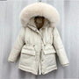 Damen Winterparka beige mit Kapuze, Kunstpelzbesatz, warm, modisch, Outdoorjacke.