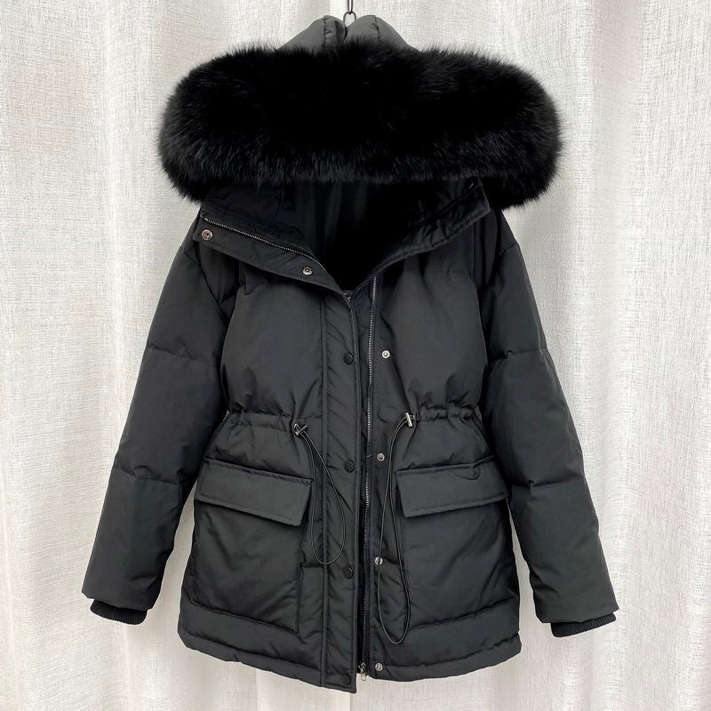 Schwarzer Winterparka mit Kapuze, Kunstfellbesatz, Damenjacke, warm, modisch, Outdoor-Bekleidung.
