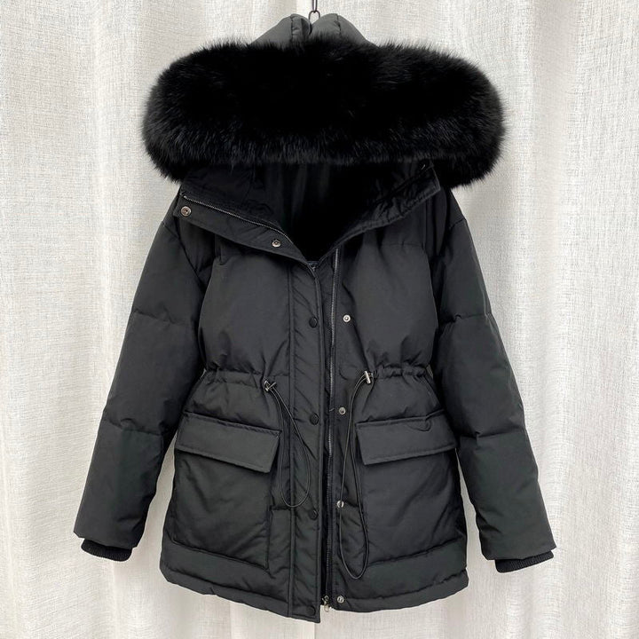 Schwarzer Winterparka mit Kapuze, Kunstfellbesatz, Damenjacke, warm, modisch, Outdoor-Bekleidung.