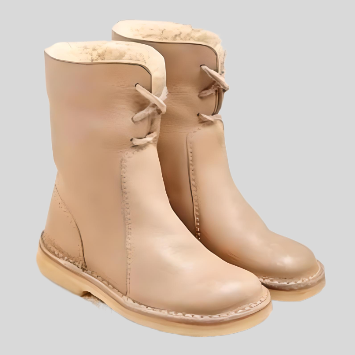 Beige Damen-Winterstiefel aus Leder mit Fellfutter, rutschfeste Sohle, warm und stilvoll.