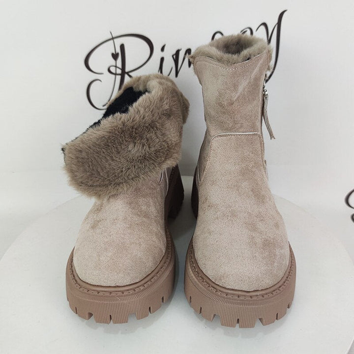 Beige Damen-Winterstiefel mit Kunstfell, Reißverschluss, rutschfeste Sohle, warm gefüttert.