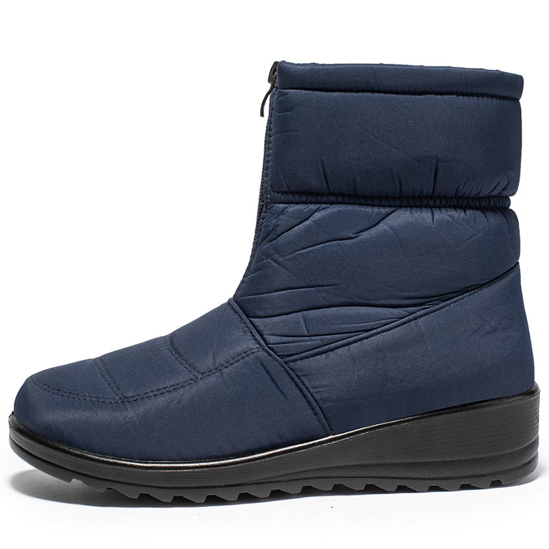 Dunkelblauer Damen-Winterstiefel, wasserdicht, mit Reißverschluss, rutschfeste Sohle.