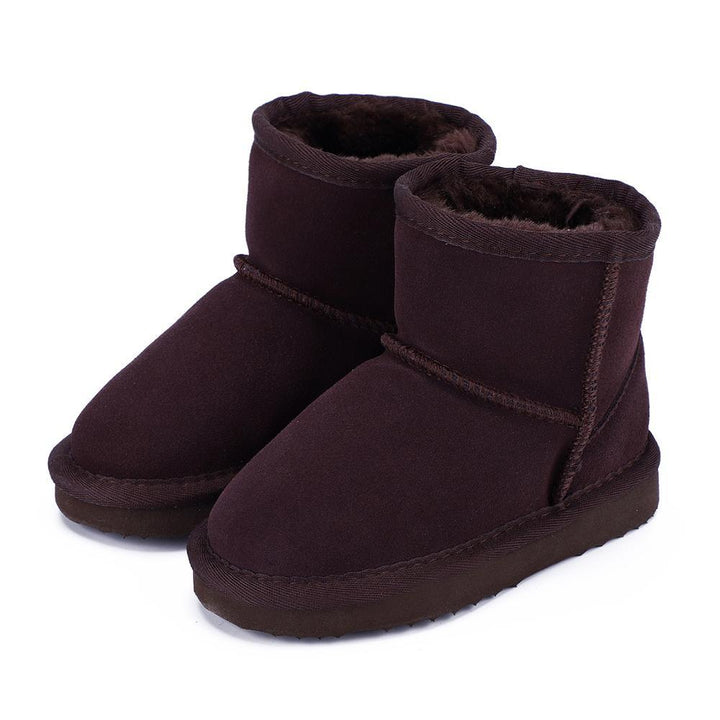 Dunkelbraune Winterstiefel aus Wildleder mit Fellfutter für Damen, warm und bequem.