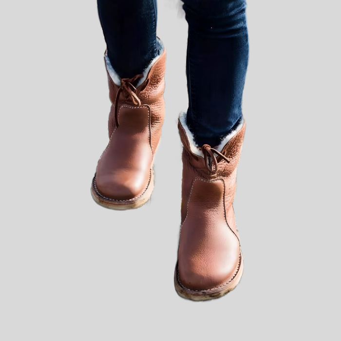 Braune Lederstiefel mit Fellfutter, Damenmode, Winterstiefel, warme Schuhe, Outdoor-Bekleidung.