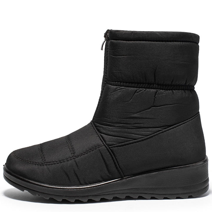 Schwarzer Winterstiefel Damen, wasserdicht, gefüttert, Reißverschluss, rutschfeste Sohle.