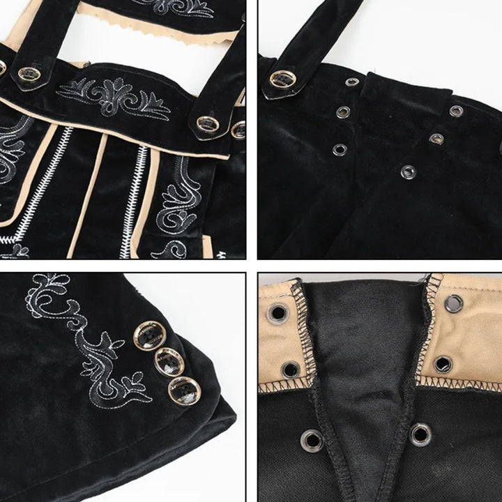 Schwarze Lederhose mit Stickerei, Knöpfen und Trägern, traditionell, Trachtenmode.