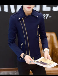 Dunkelblaue Herrenjacke mit Reißverschlüssen, modisch, lässig, für Herbst und Winter.