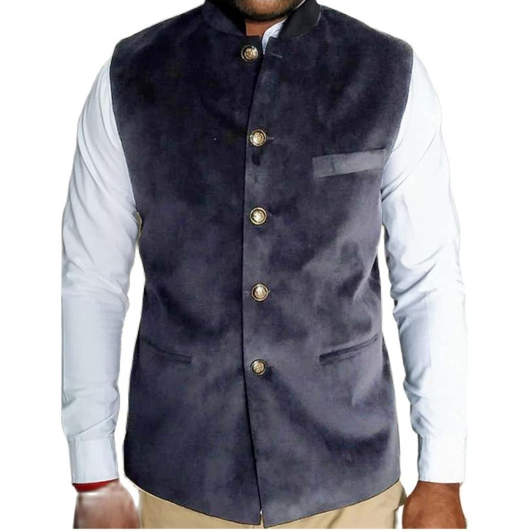Dunkelblaue Herrenweste mit goldenen Knöpfen, elegantes Design, ideal für formelle Anlässe.