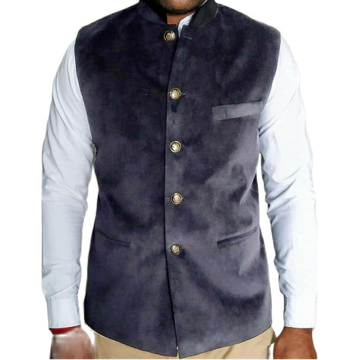 Dunkelblaue Herrenweste mit goldenen Knöpfen, elegantes Design, ideal für formelle Anlässe.