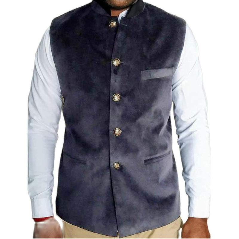 Dunkelblaue Herrenweste mit goldenen Knöpfen, elegantes Design, ideal für formelle Anlässe.