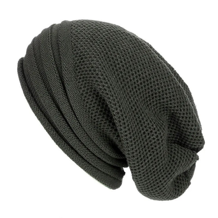 Dunkelgraue Strickmütze, Unisex, weiches Material, modisches Accessoire, Herbst-Winter.