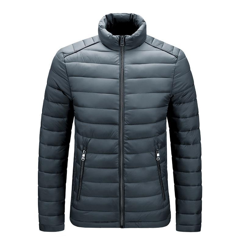 Dunkelgraue Herren-Daunenjacke, Stehkragen, Reißverschluss, Wintermode, warm, stilvoll.