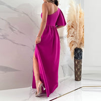 Fuchsia Abendkleid, asymmetrisch, ärmellos, elegantes Design, Damenmode, Marmorboden.