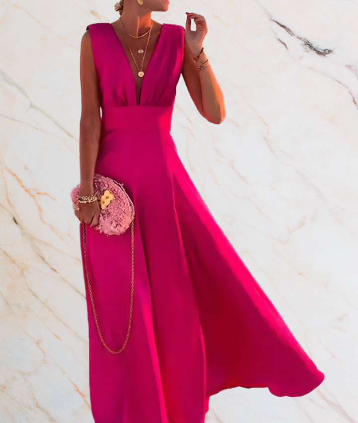 Fuchsia Abendkleid Damen, ärmellos, V-Ausschnitt, elegantes Design, ideal für Partys.