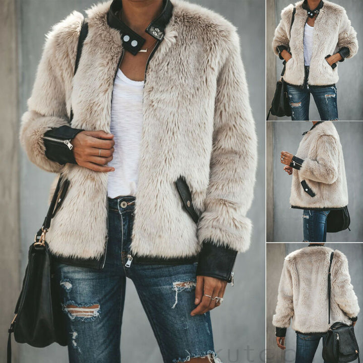 Damen Kunstpelzjacke beige, Lederakzente, modisch, warm, Wintermode, lässig, elegant.