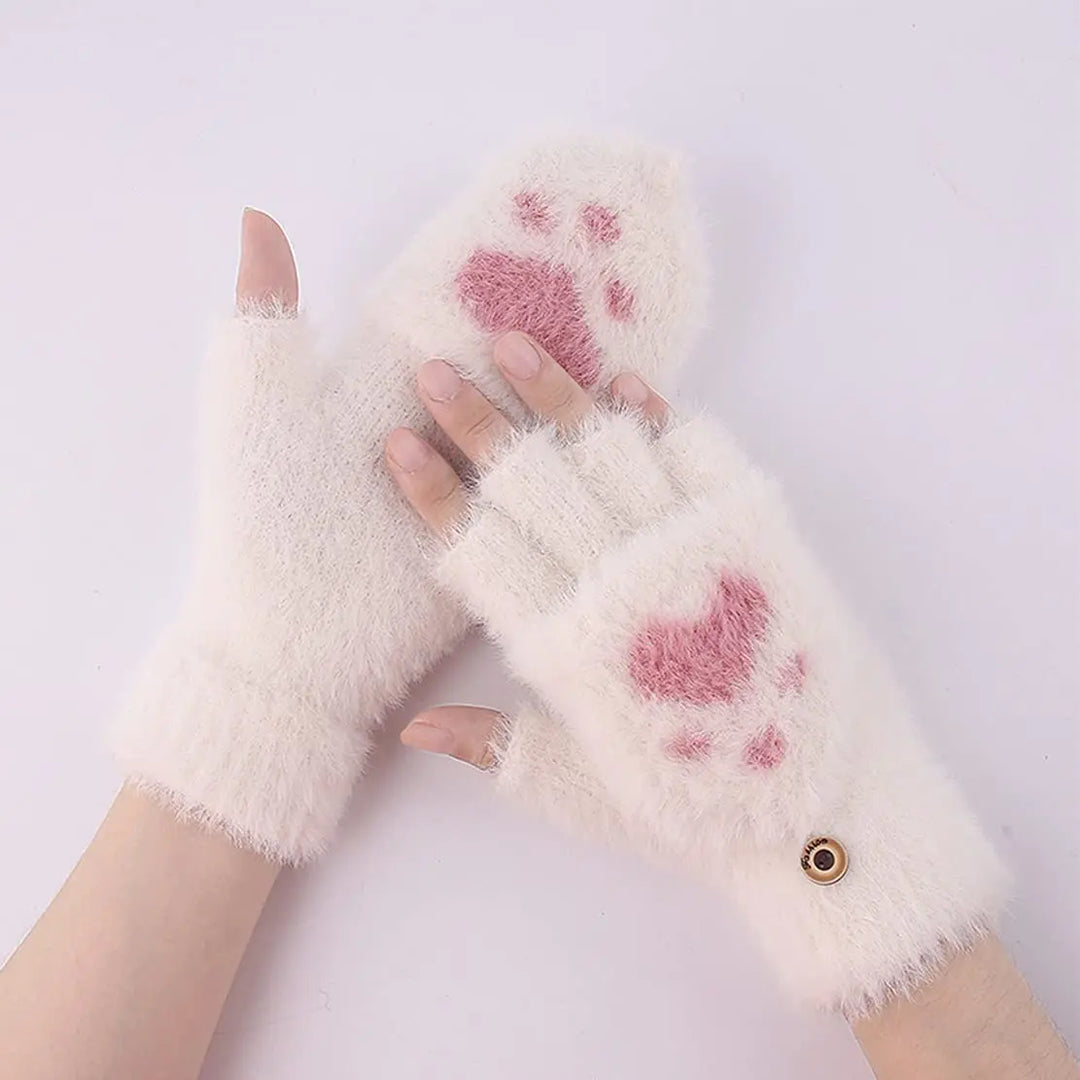 Weiße flauschige Fingerhandschuhe mit rosa Pfotenmuster, Damenmode, Winteraccessoire.