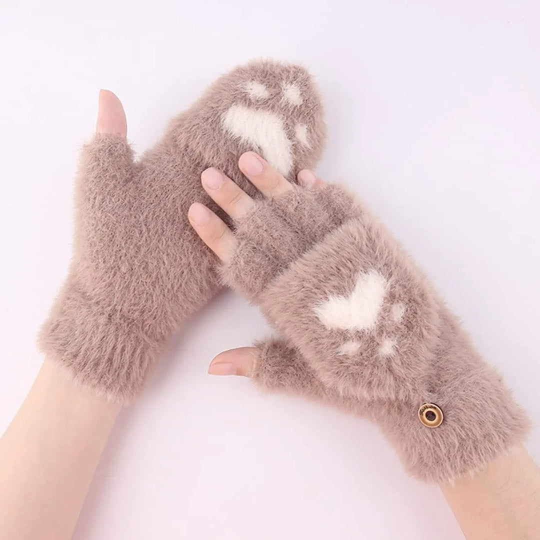 Braune flauschige Fingerlose Handschuhe mit Katzenpfotenmuster, Damenmode, Winteraccessoire.