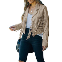 Damen Fransenjacke beige Wildleder, modisch, lässig, ideal für Herbstmode, Streetstyle.