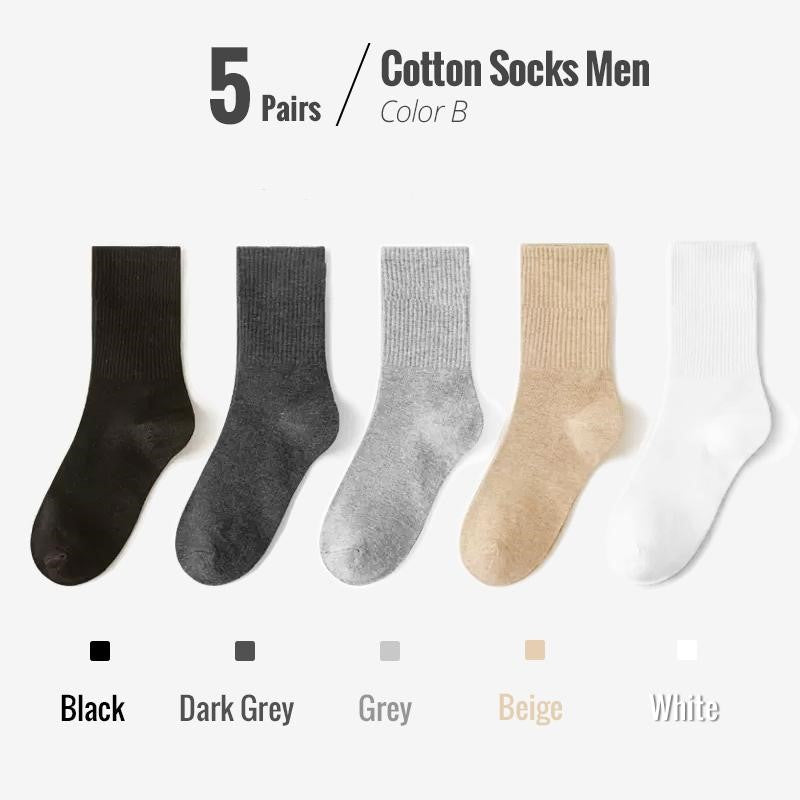 5 Paar Herrensocken aus Baumwolle, Farben: Schwarz, Dunkelgrau, Grau, Beige, Weiß.