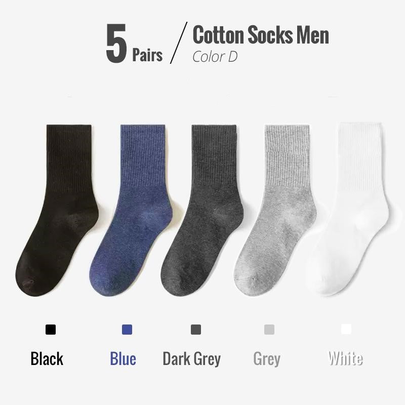 Fünf Paar Herren-Baumwollsocken, Farben: Schwarz, Blau, Dunkelgrau, Grau, Weiß.